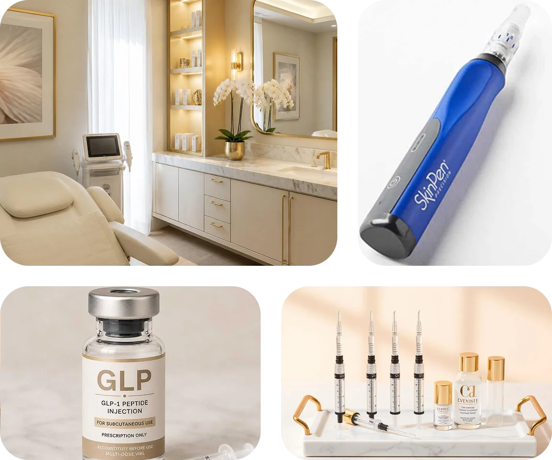 SkinPen device, GLP-1 injection vial, and cosmetic treatment syringes.”
